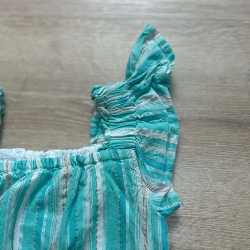 Girls Baby Gap Striped Ruffle Sleeve Tank Dress Size 5 Toddler Teal and gold